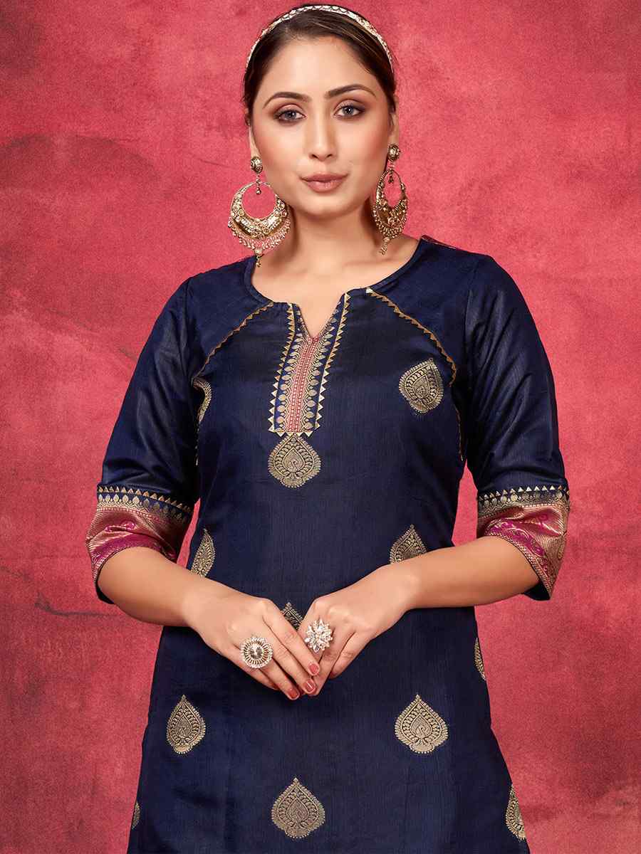 Navy Blue Art Silk Handwoven Festival Palazzo Pant Salwar Kameez