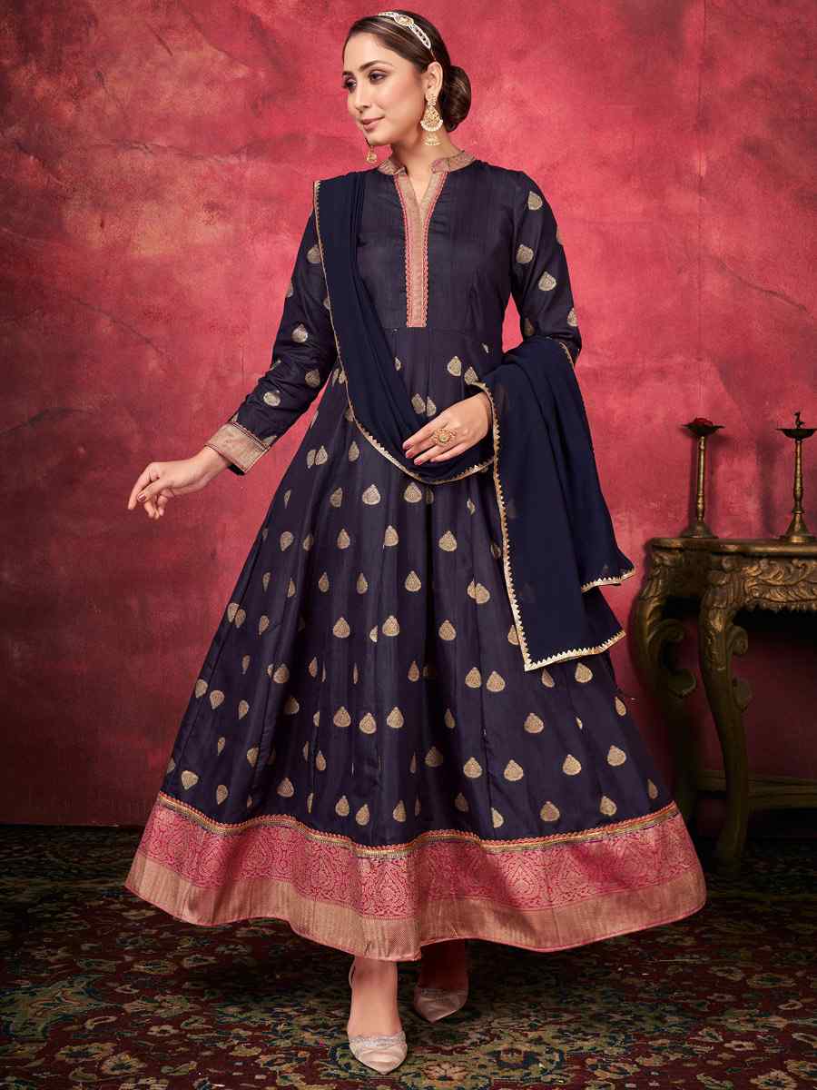 Navy Blue Art Silk Handwoven Festival Palazzo Pant Salwar Kameez