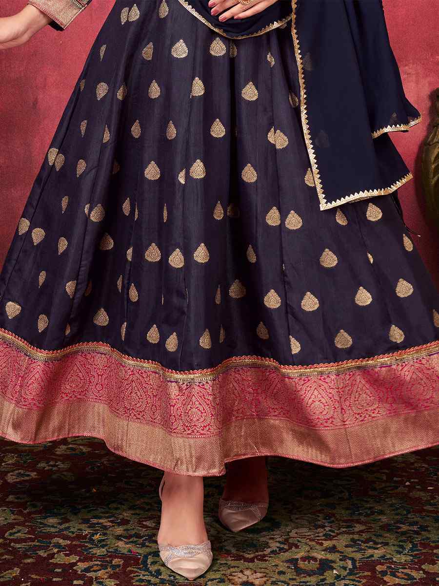 Navy Blue Art Silk Handwoven Festival Palazzo Pant Salwar Kameez