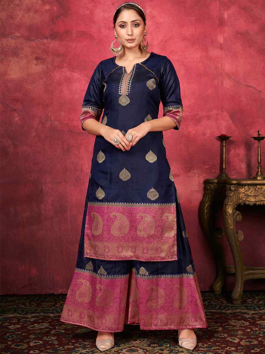 Navy Blue Art Silk Handwoven Festival Palazzo Pant Salwar Kameez