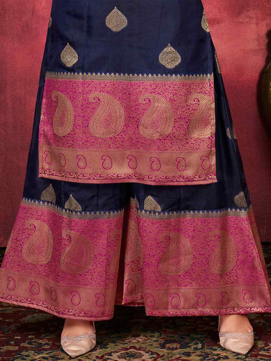 Navy Blue Art Silk Handwoven Festival Palazzo Pant Salwar Kameez