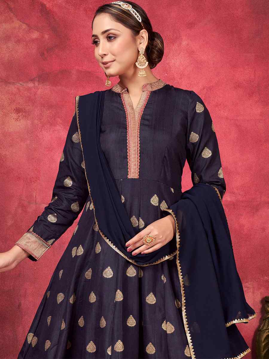 Navy Blue Art Silk Handwoven Festival Palazzo Pant Salwar Kameez