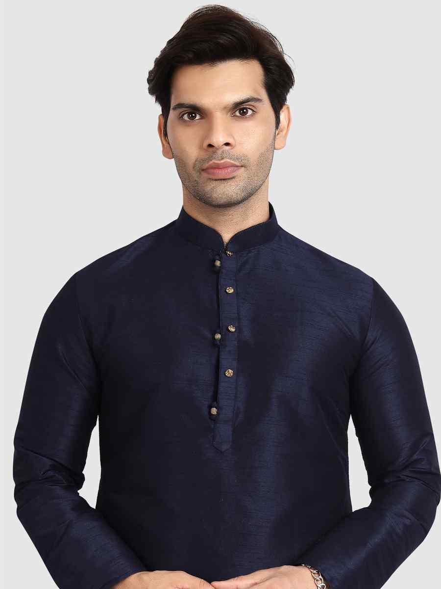 Navy Blue Art Silk Plain Festival Kurta