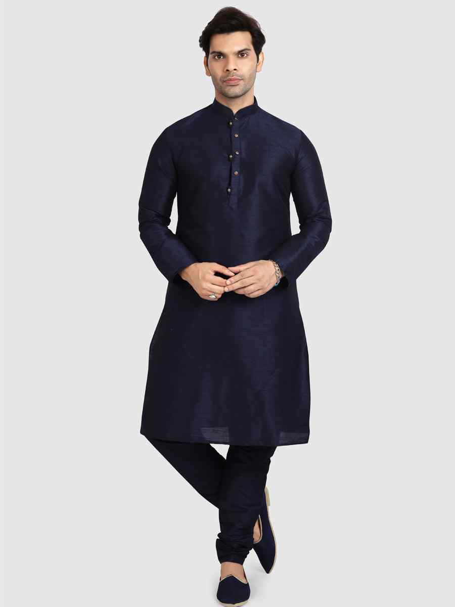 Navy Blue Art Silk Plain Festival Kurta