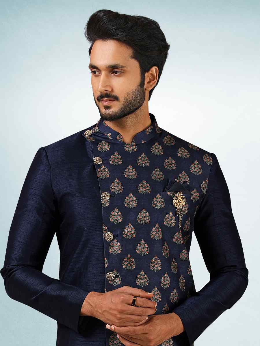 Navy Blue Art Silk Plain Printed Party Wedding Sherwani