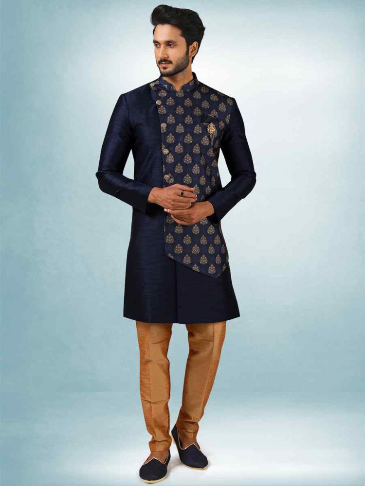 Navy Blue Art Silk Plain Printed Party Wedding Sherwani