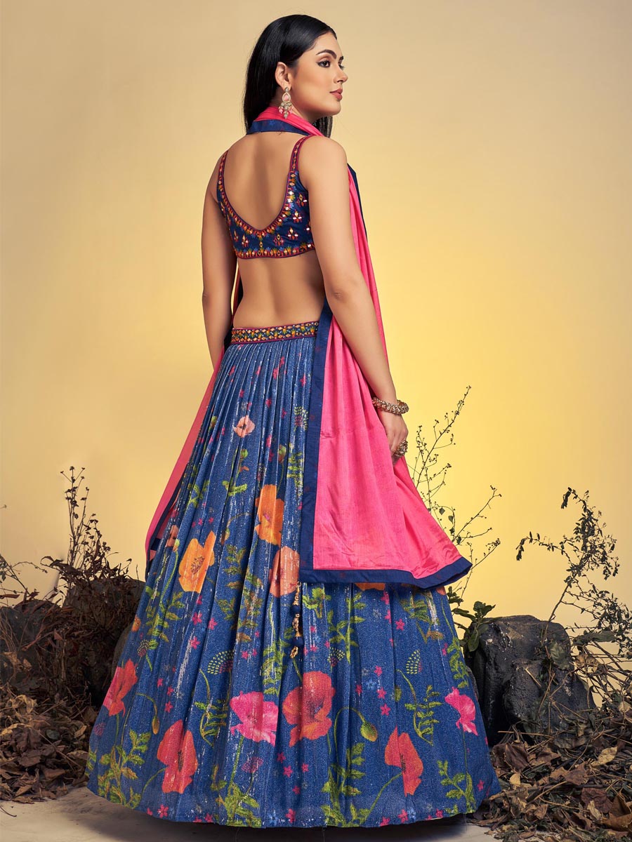 Navy Blue Art Silk Printed Bridesmaid Wedding Ready Circular Lehenga Choli