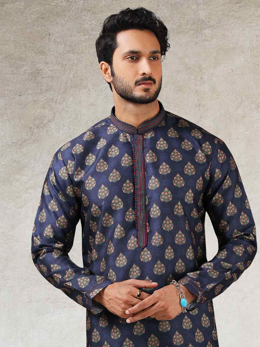 Navy Blue Art Silk Printed Festival Kurta