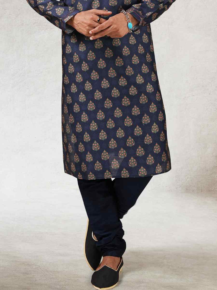 Navy Blue Art Silk Printed Festival Kurta