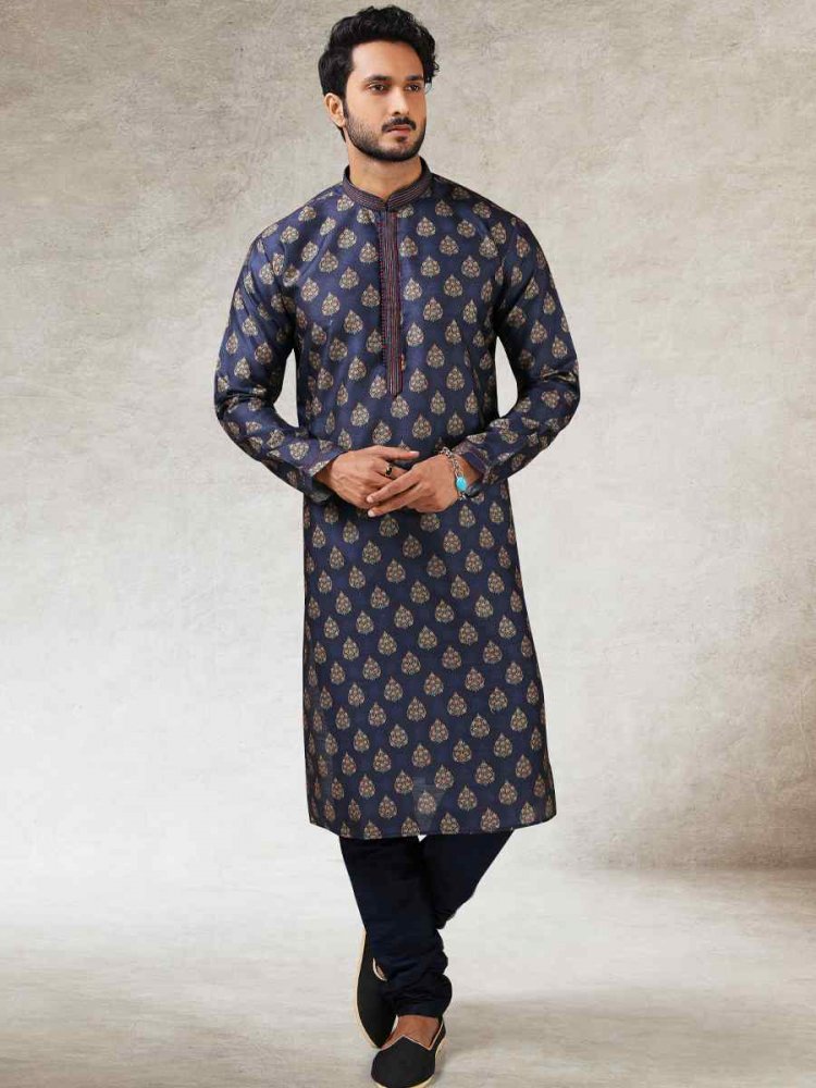 Navy Blue Art Silk Printed Festival Kurta