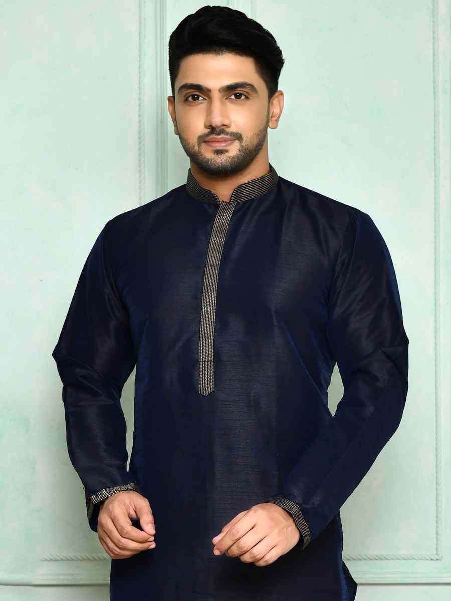 Navy Blue Art Silk Woven Festival Kurta