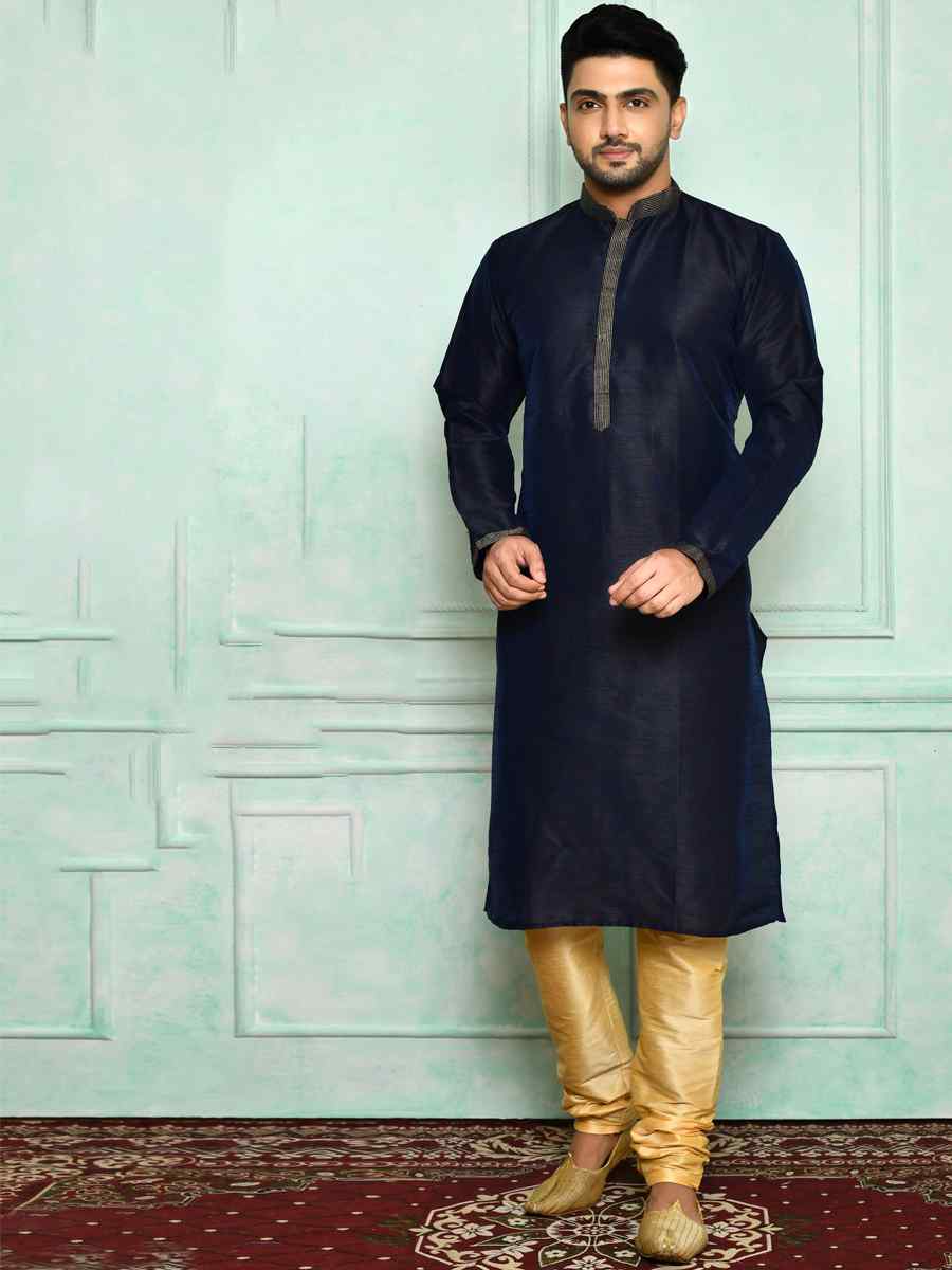 Navy Blue Art Silk Woven Festival Kurta