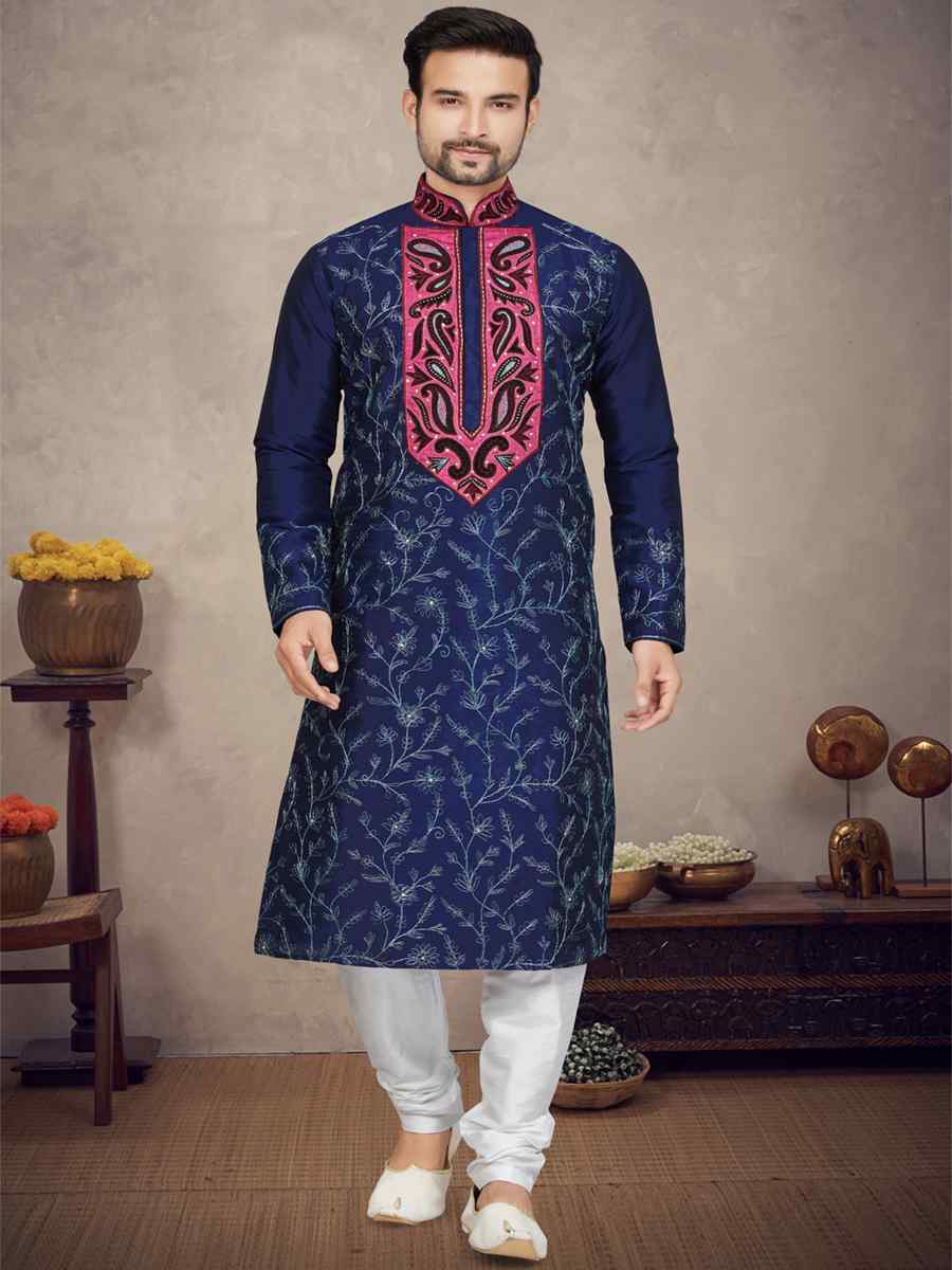 Navy Blue Art Silk Woven Festival Mehendi Kurta