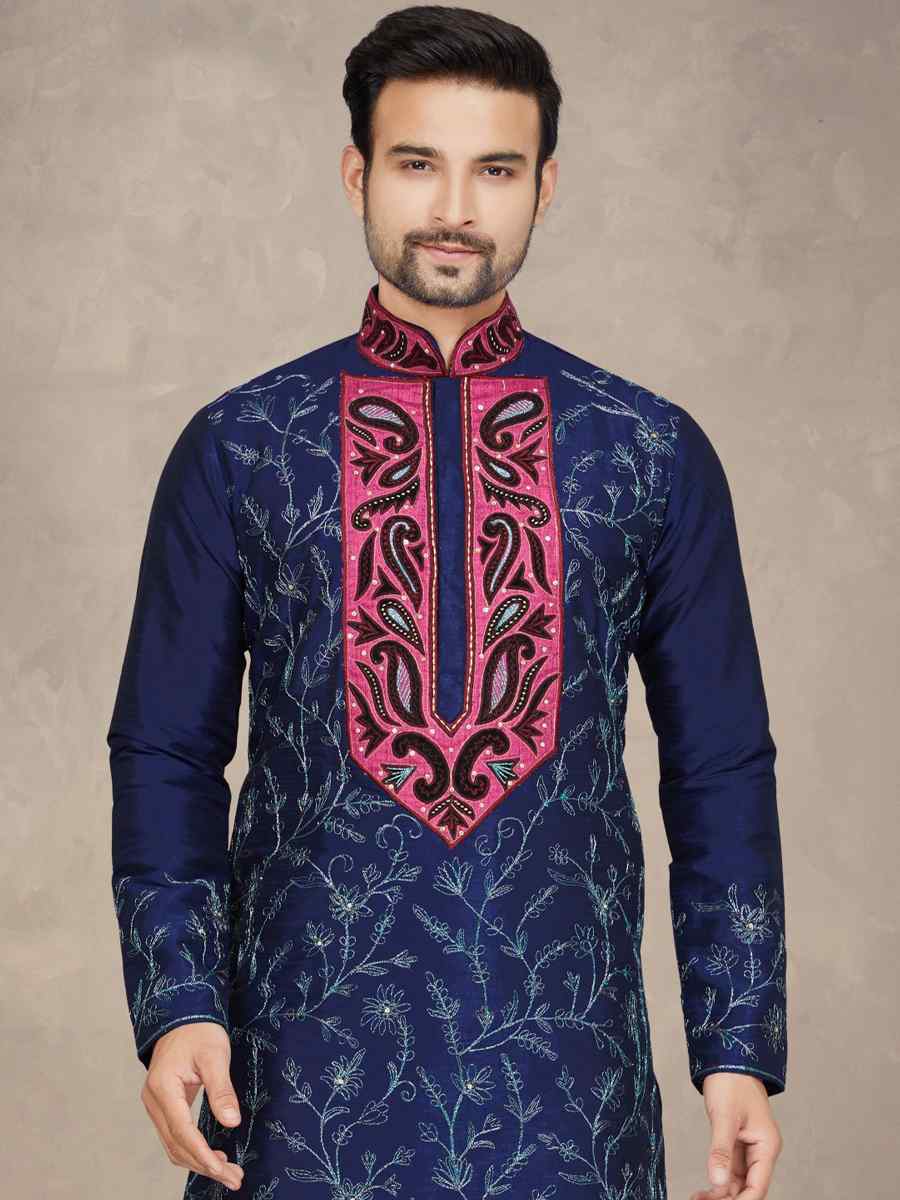 Navy Blue Art Silk Woven Festival Mehendi Kurta