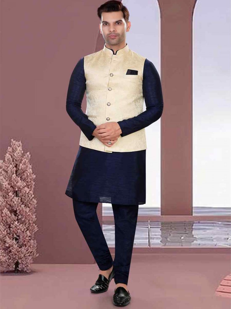 Navy Blue Art Silk Woven Festival Party Kurta