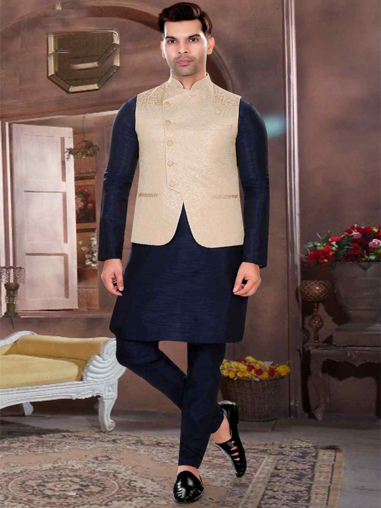 Navy Blue Art Silk Woven Festival Party Kurta