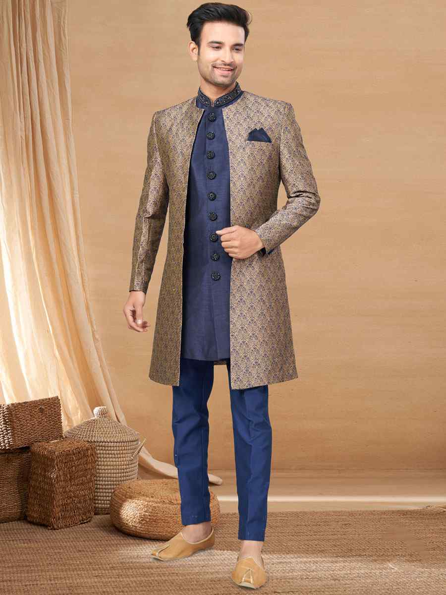 Navy Blue Art Silk Woven Festival Wedding Sherwani