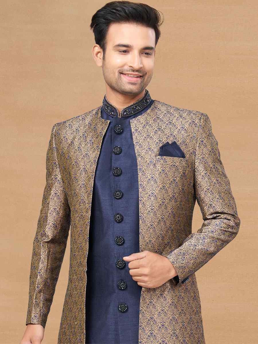 Navy Blue Art Silk Woven Festival Wedding Sherwani