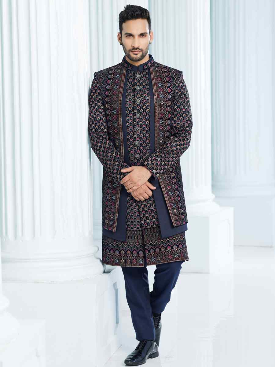 Navy Blue Art Silk Woven Wedding Groom Sherwani