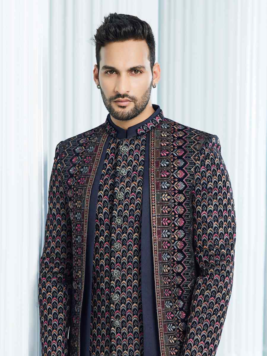 Navy Blue Art Silk Woven Wedding Groom Sherwani