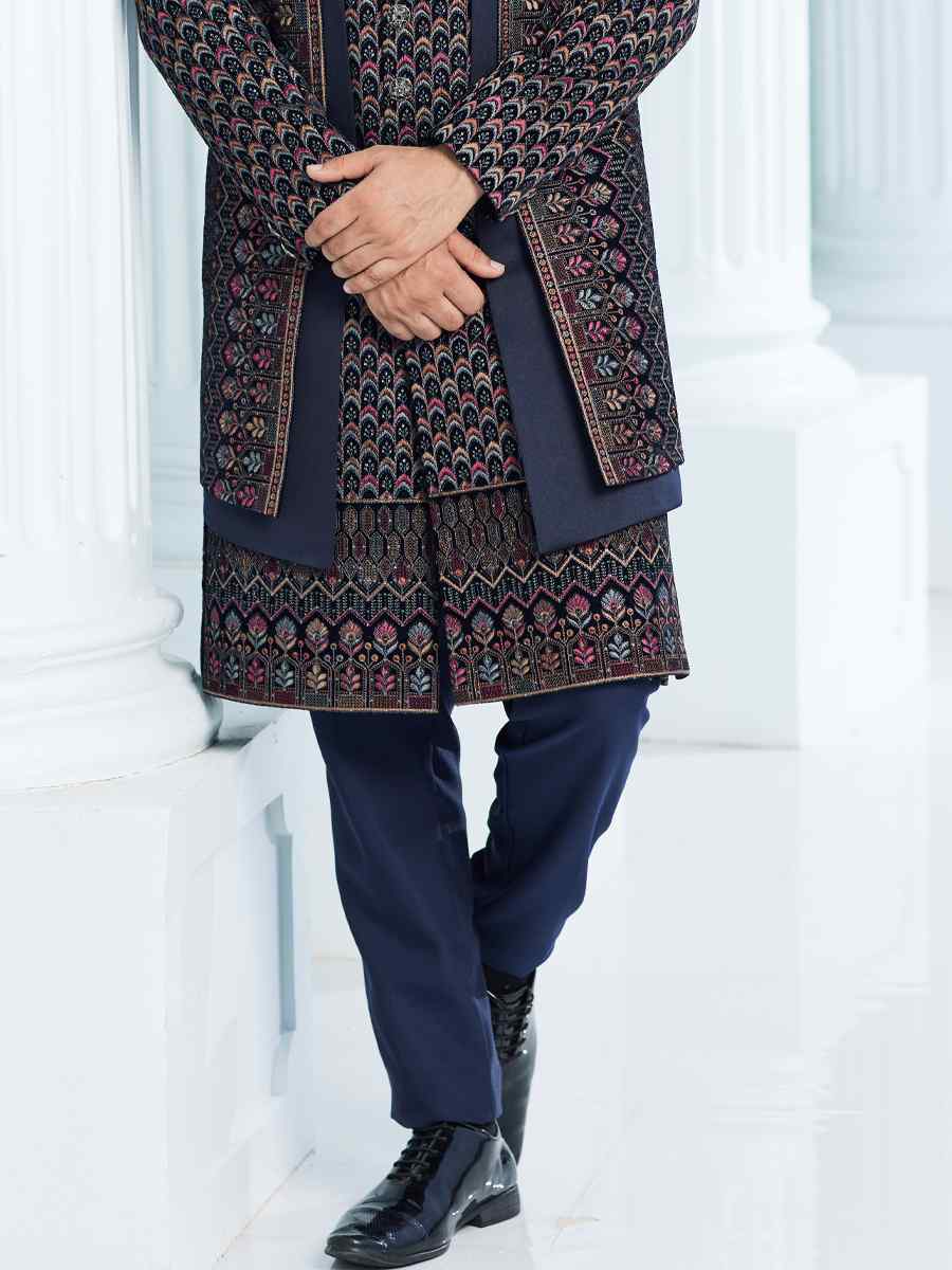 Navy Blue Art Silk Woven Wedding Groom Sherwani