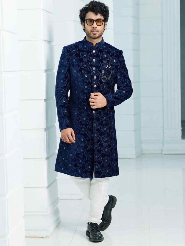Navy Blue Art Silk Woven Wedding Groom Sherwani