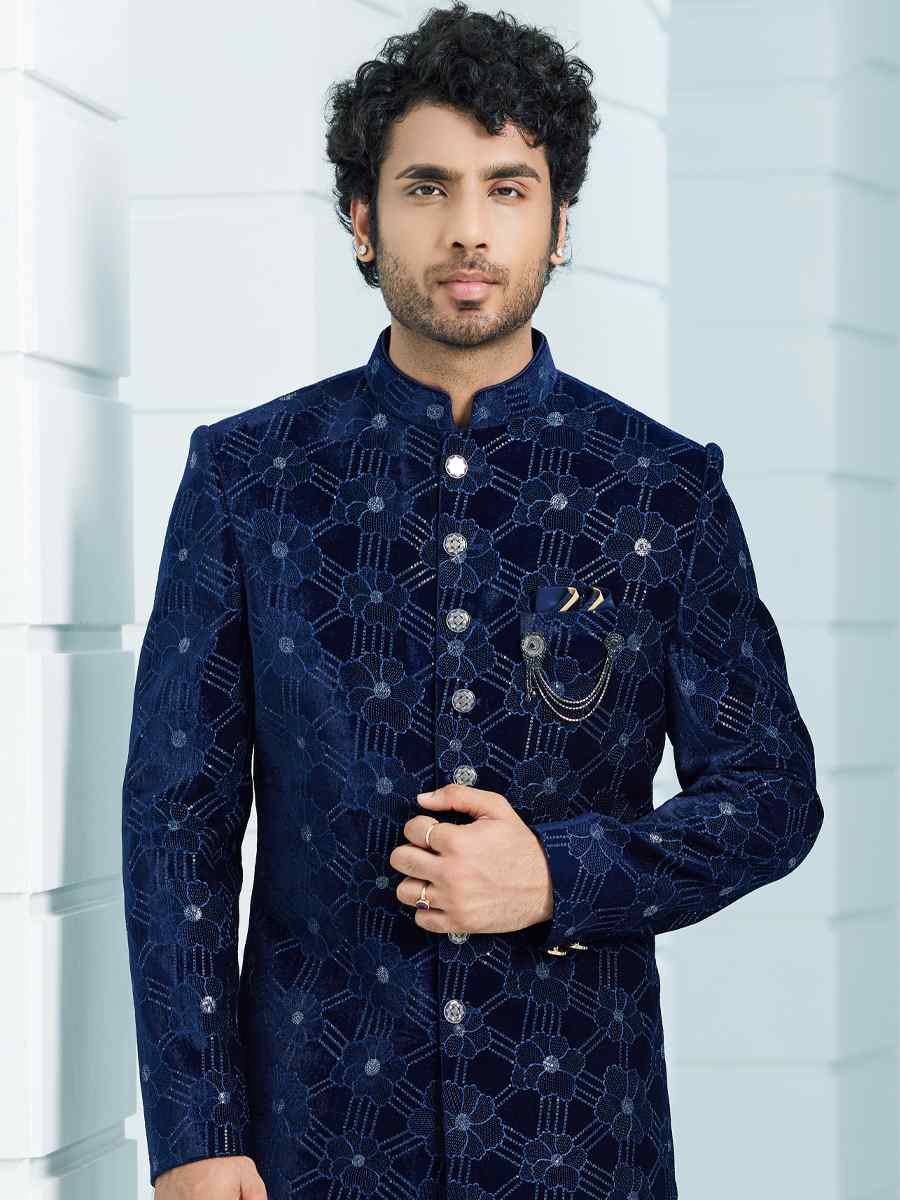 Navy Blue Art Silk Woven Wedding Groom Sherwani