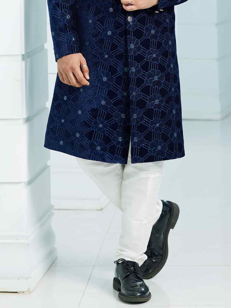 Navy Blue Art Silk Woven Wedding Groom Sherwani