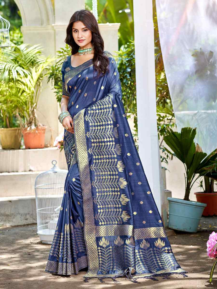 Navy Blue Assam Silk Handwoven Traditional Bridal Reception Festival Wedding Fancy Heavy Border Saree
