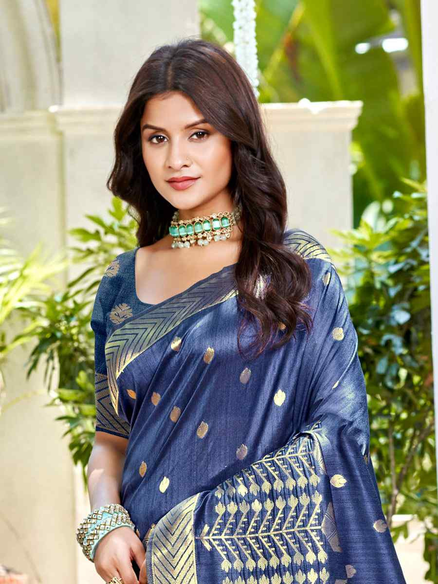 Navy Blue Assam Silk Handwoven Traditional Bridal Reception Festival Wedding Fancy Heavy Border Saree