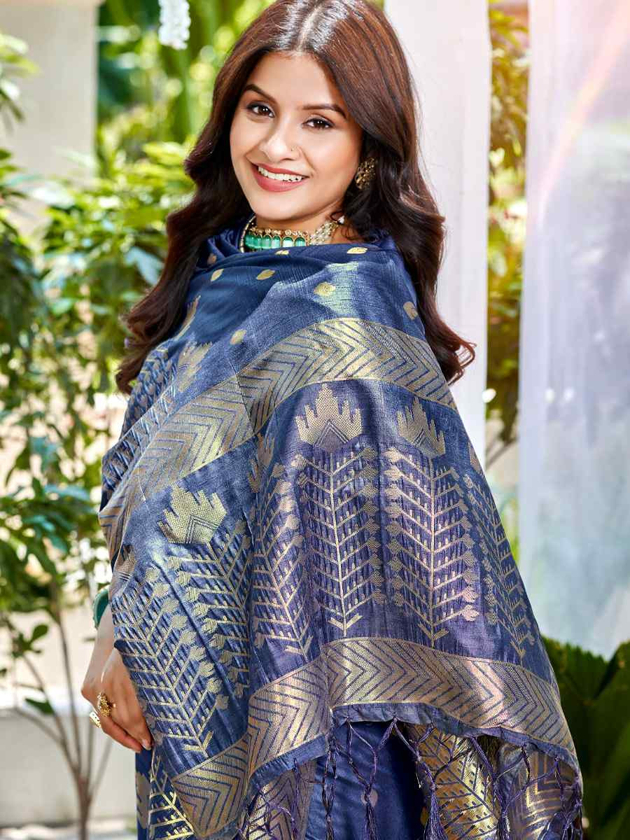 Navy Blue Assam Silk Handwoven Traditional Bridal Reception Festival Wedding Fancy Heavy Border Saree