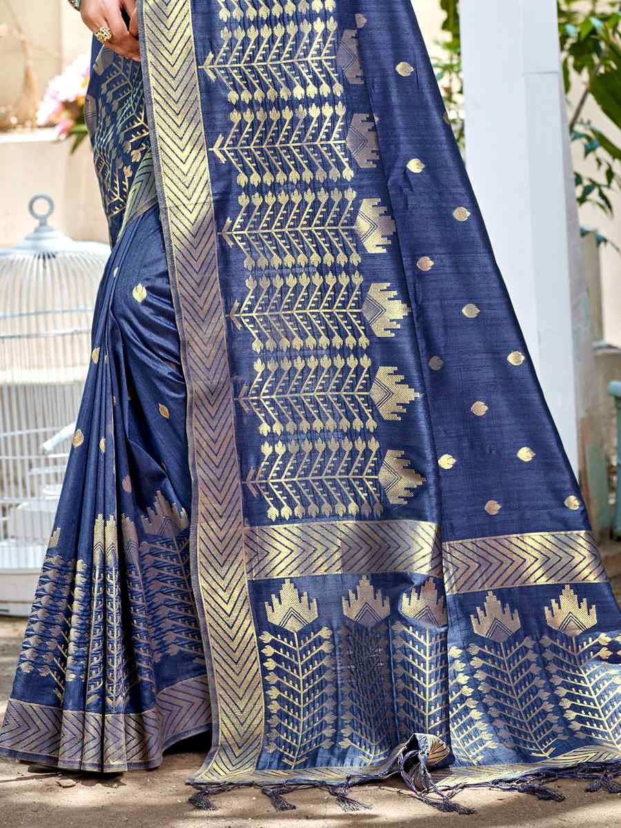 Navy Blue Assam Silk Handwoven Traditional Bridal Reception Festival Wedding Fancy Heavy Border Saree