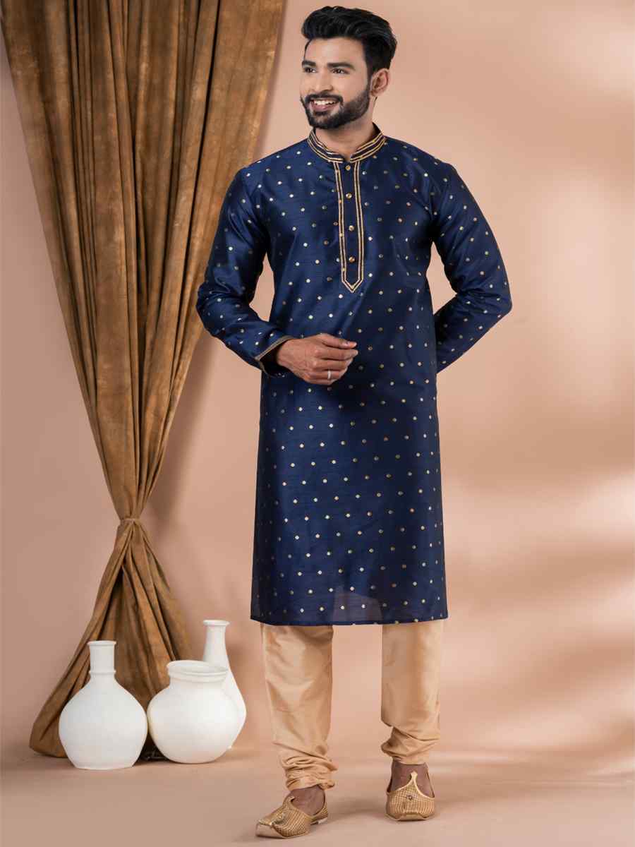 Navy Blue Banarasi Dhupion Silk Embroidered Festival Party Kurta