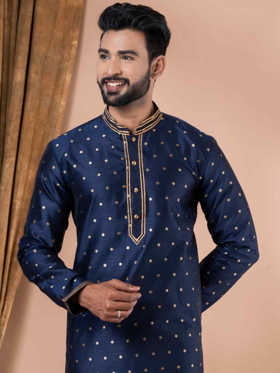 Navy Blue Banarasi Dhupion Silk Embroidered Festival Party Kurta