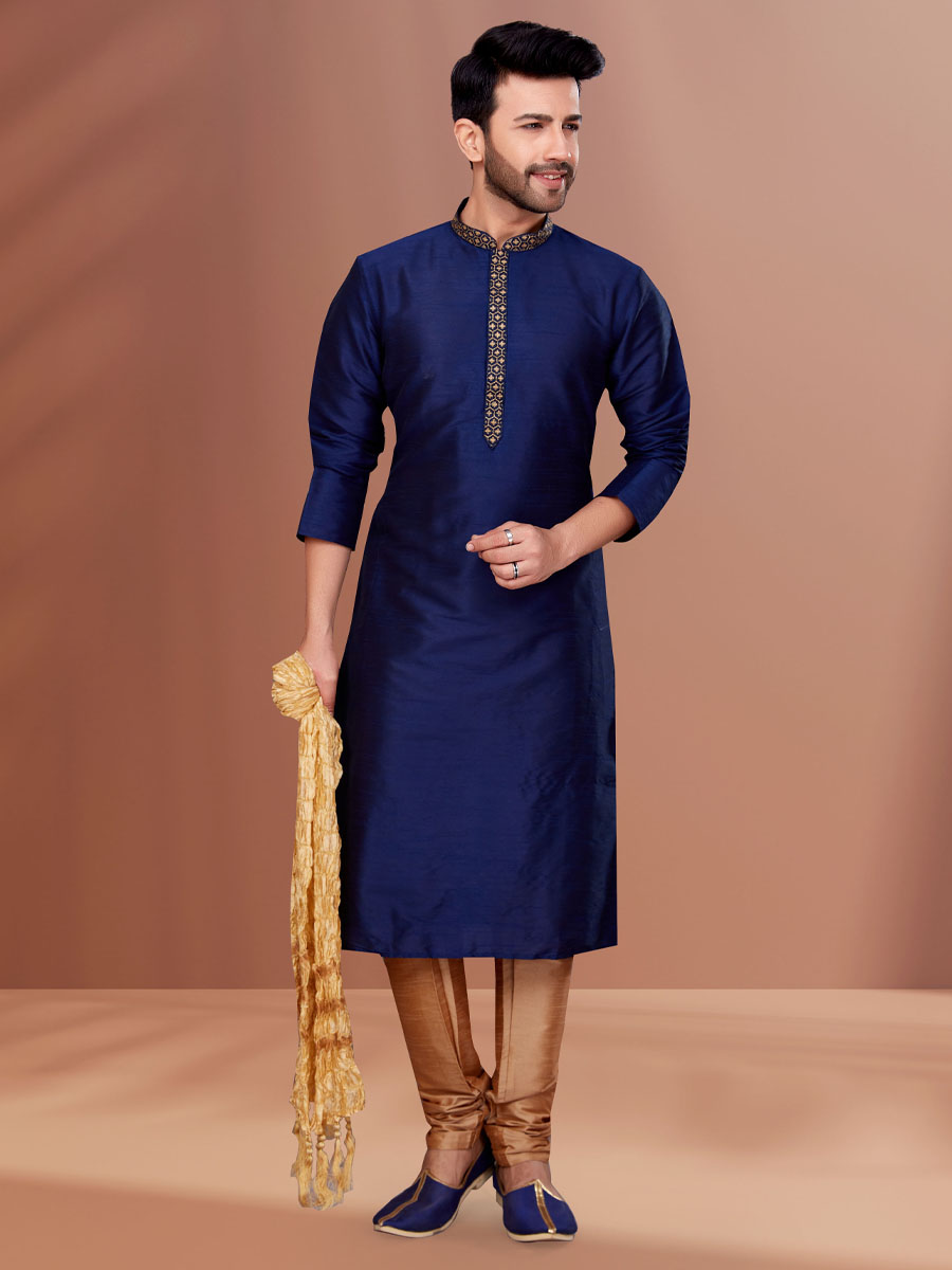 Navy Blue Banarasi Dhupion Woven Festival Kurta