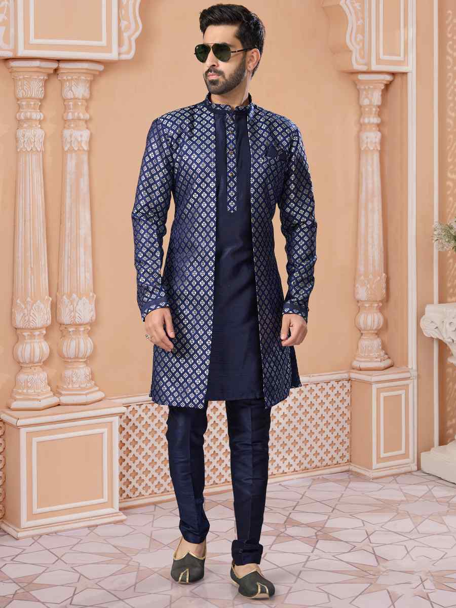 Navy Blue Banarasi Jacquard Dupion Embroidered Groom Wedding Sherwani