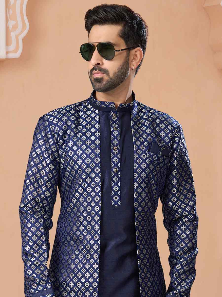 Navy Blue Banarasi Jacquard Dupion Embroidered Groom Wedding Sherwani