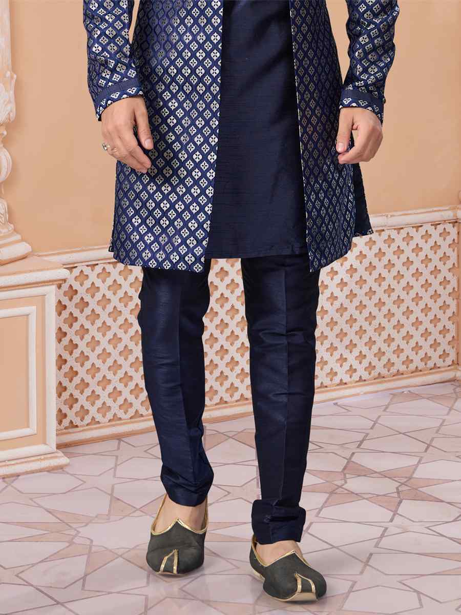 Navy Blue Banarasi Jacquard Dupion Embroidered Groom Wedding Sherwani
