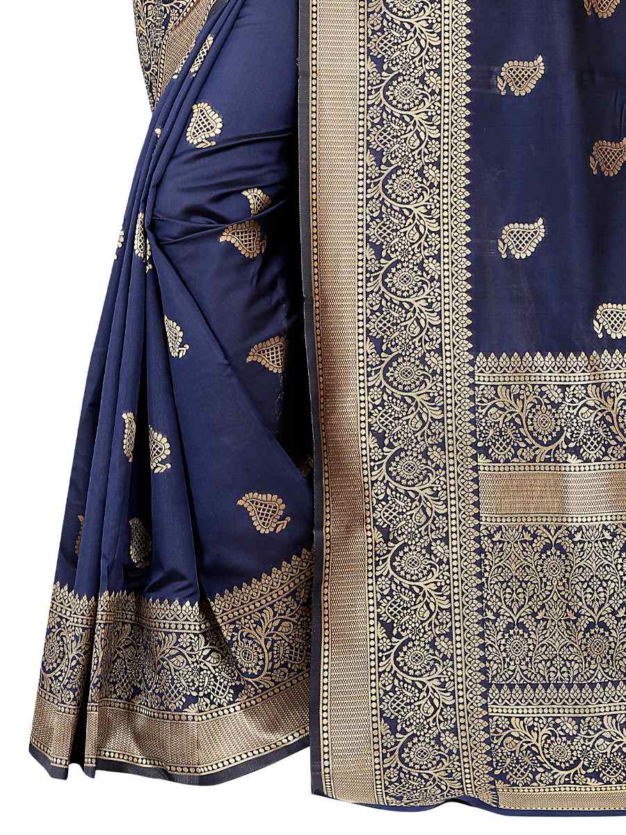 Navy Blue Banarasi Jacquard Handwoven Wedding Festival Heavy Border Saree