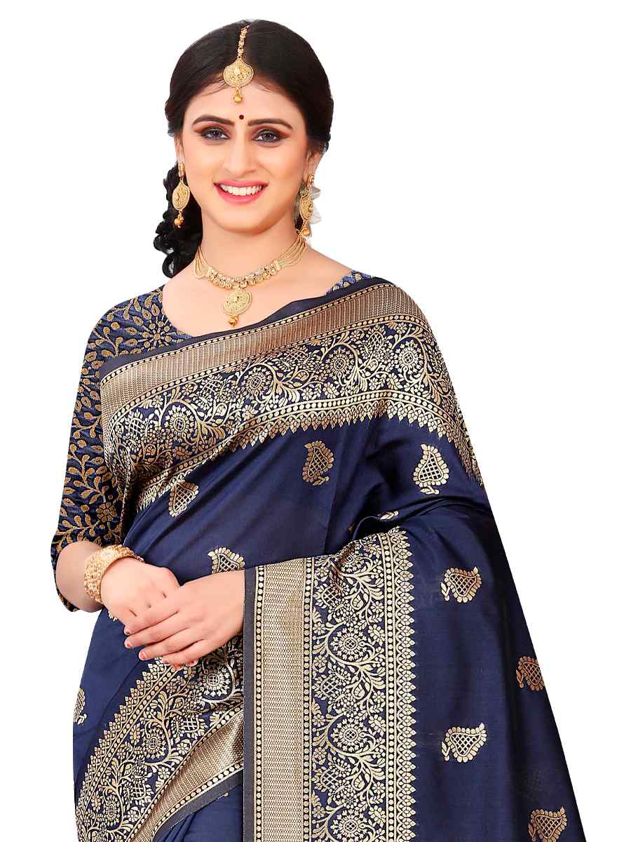 Navy Blue Banarasi Jacquard Handwoven Wedding Festival Heavy Border Saree