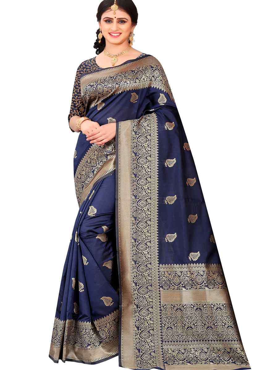 Navy Blue Banarasi Jacquard Handwoven Wedding Festival Heavy Border Saree