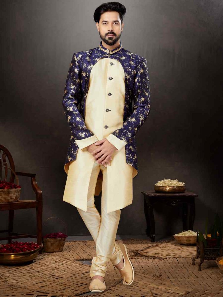 Navy Blue Banarasi Jacquard Silk Dupion Embroidered Festival Wedding Sherwani