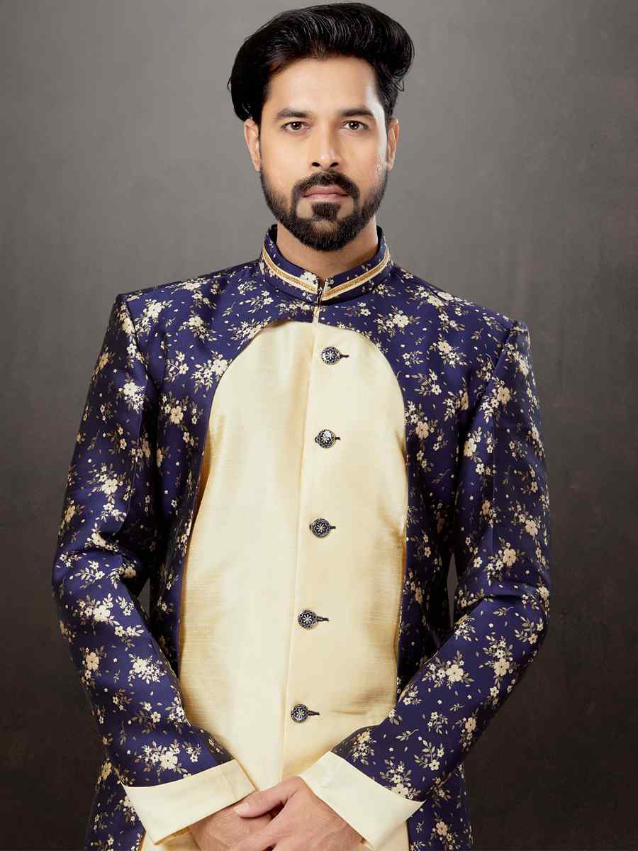 Navy Blue Banarasi Jacquard Silk Dupion Embroidered Festival Wedding Sherwani