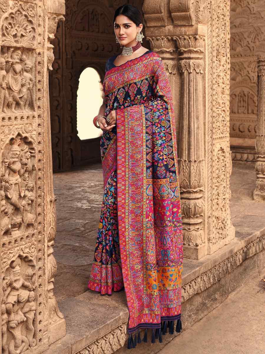 Navy Blue Banarasi Kora Silk Printed Festival Party Contemporary Saree