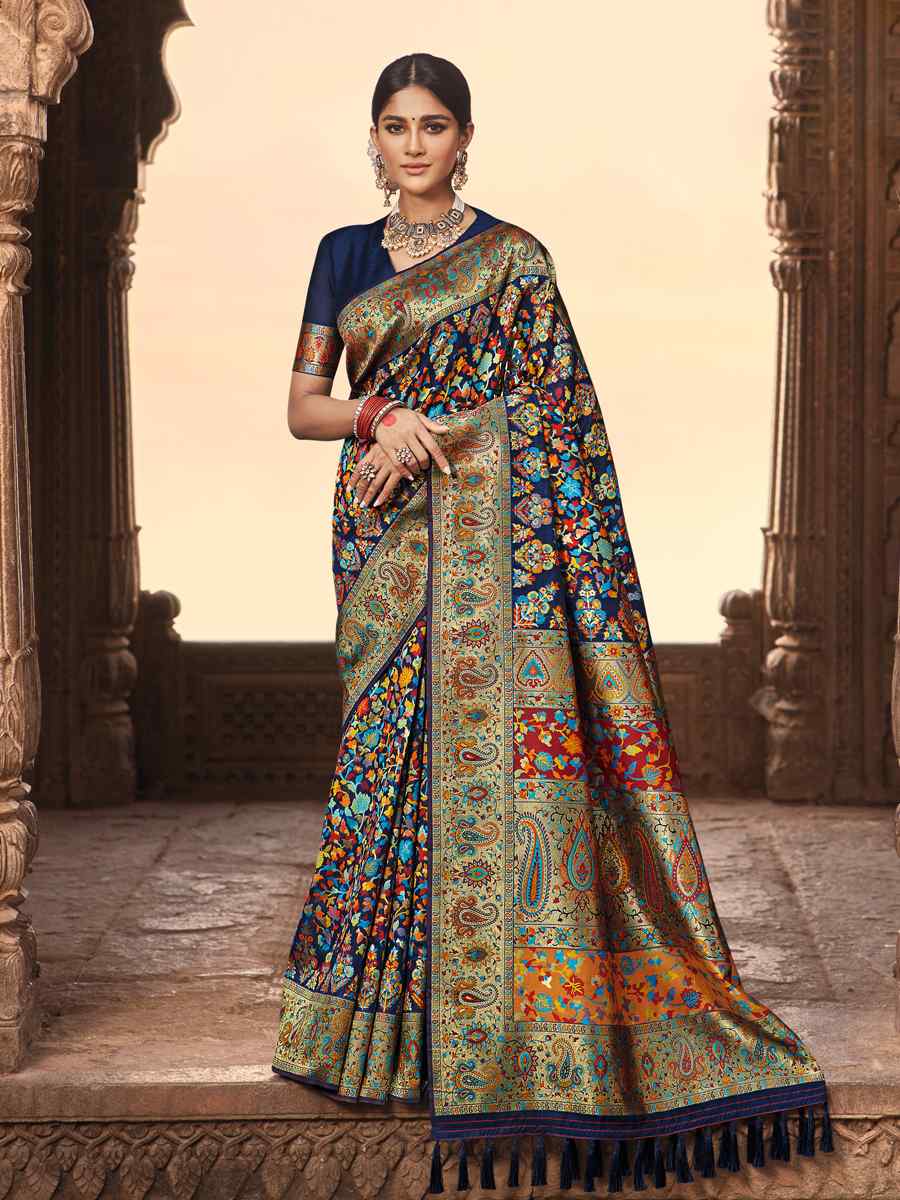 Navy Blue Banarasi Kora Silk Printed Festival Party Contemporary Saree