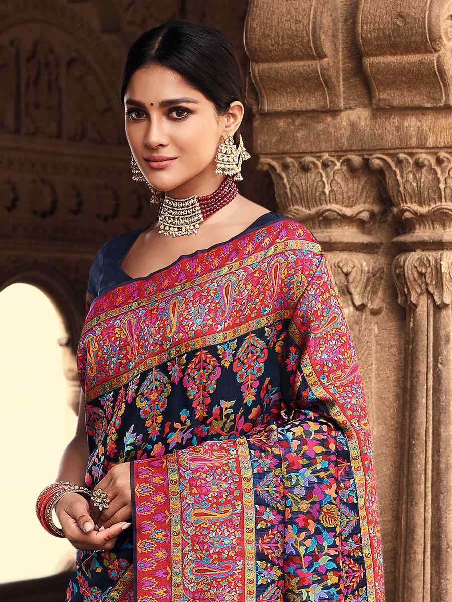 Navy Blue Banarasi Kora Silk Printed Festival Party Contemporary Saree