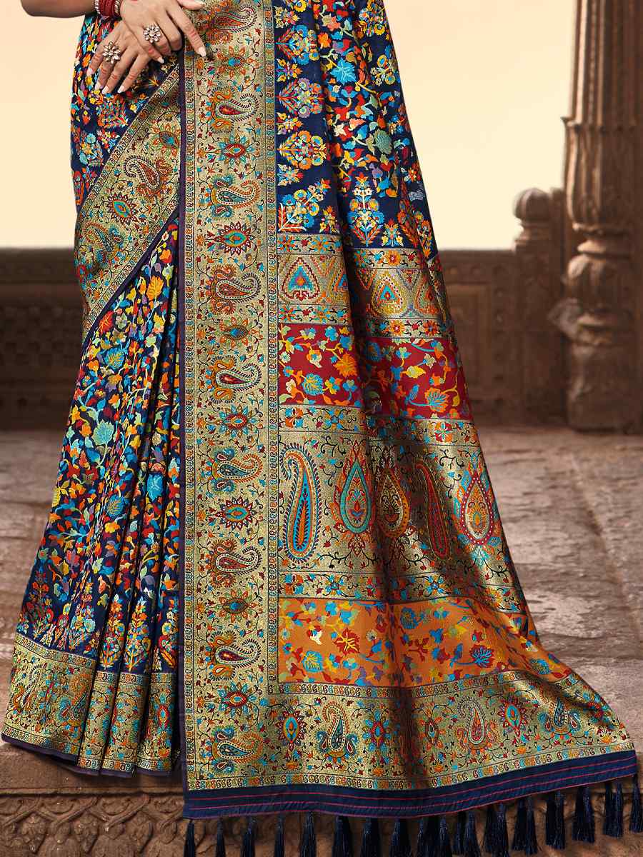 Navy Blue Banarasi Kora Silk Printed Festival Party Contemporary Saree