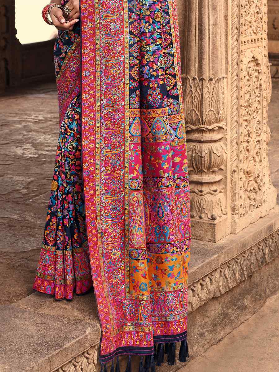 Navy Blue Banarasi Kora Silk Printed Festival Party Contemporary Saree