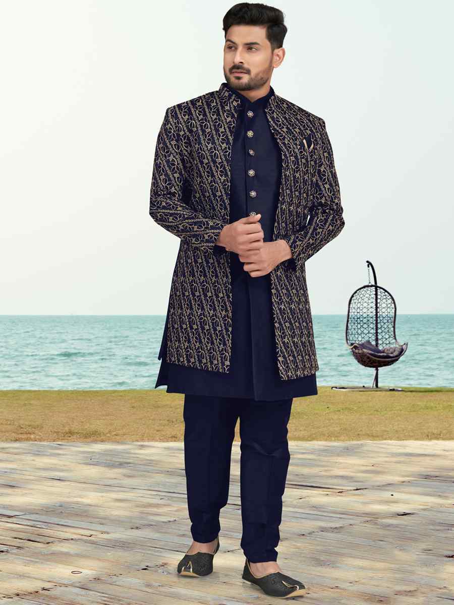Navy Blue Banarasi Silk Embroidered Wedding Festival Sherwani