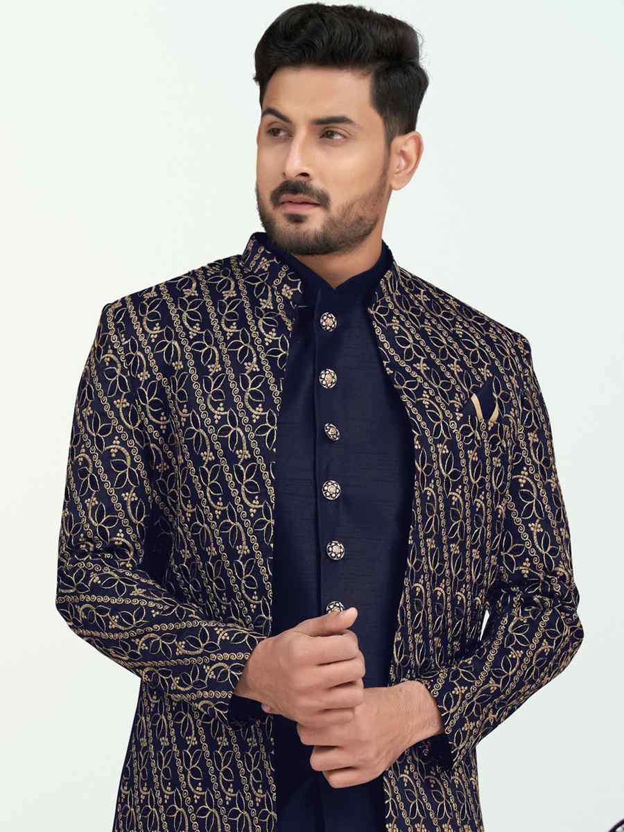 Navy Blue Banarasi Silk Embroidered Wedding Festival Sherwani
